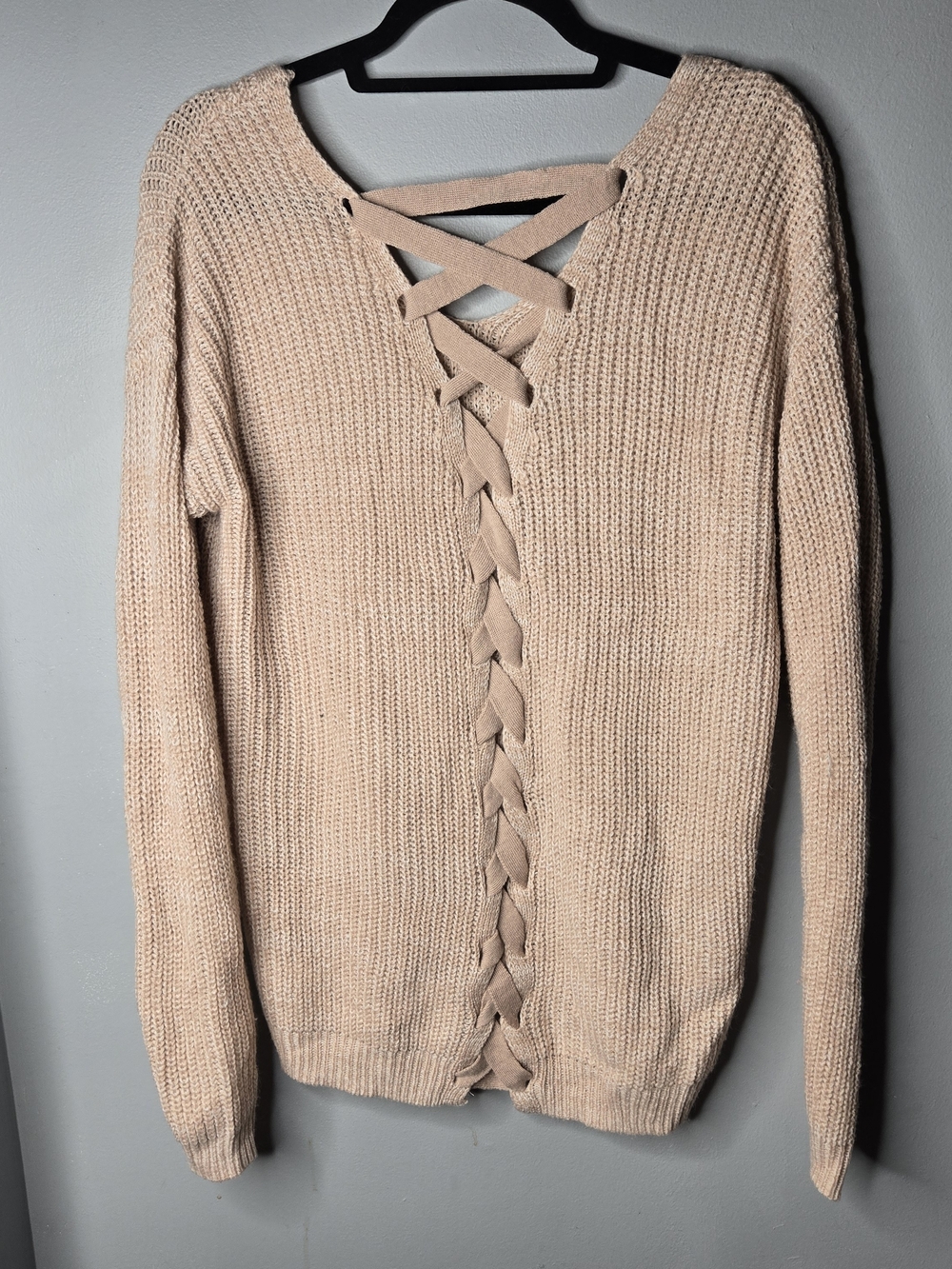 SO Women’s Medium Blush Pink Open Knit Sweater Lace Up Back Pullover